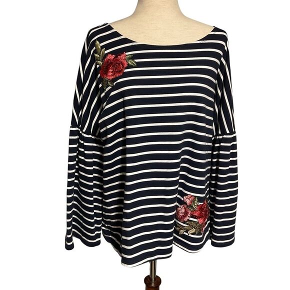 Black & White Striped Floral Embroidered Top XL - Picture 3 of 13